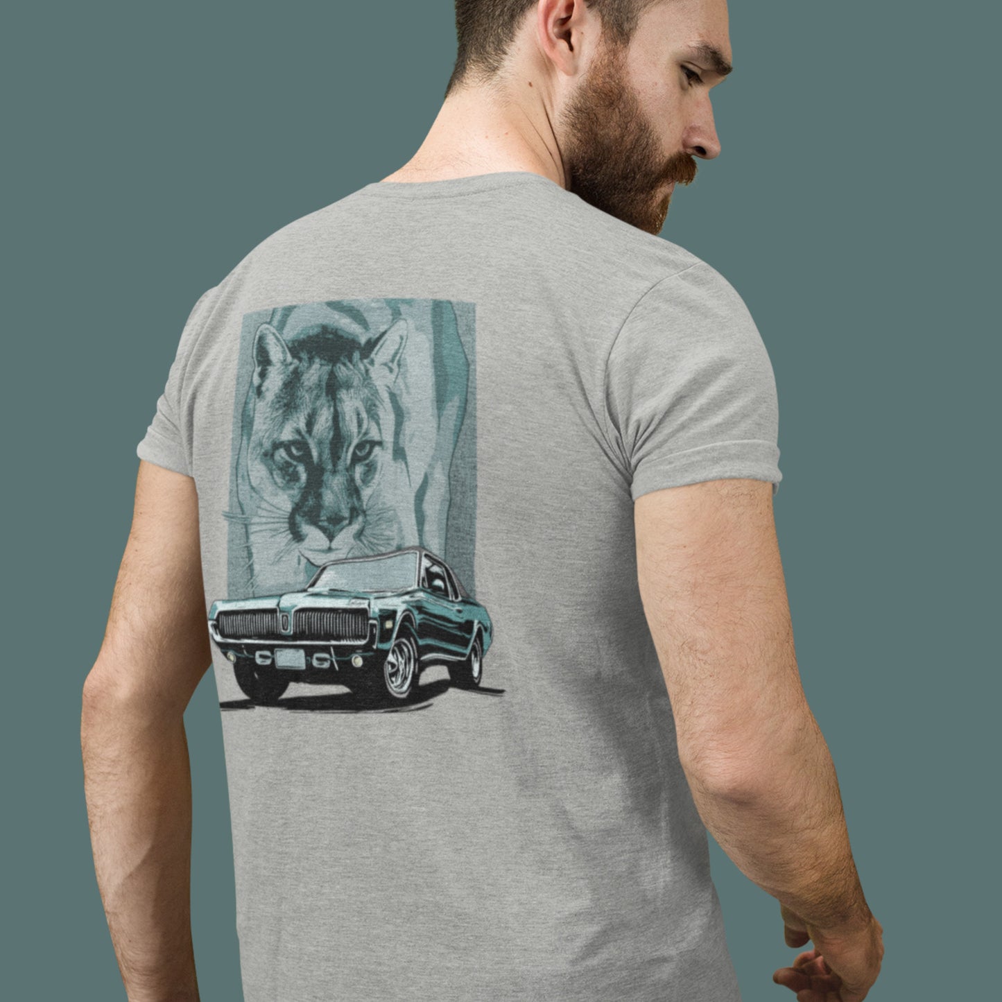 68 Cougar Unisex Jersey Tee, featuring 1968 Mercury Cougar with cougar cat backdrop, blue/green theme, design on back