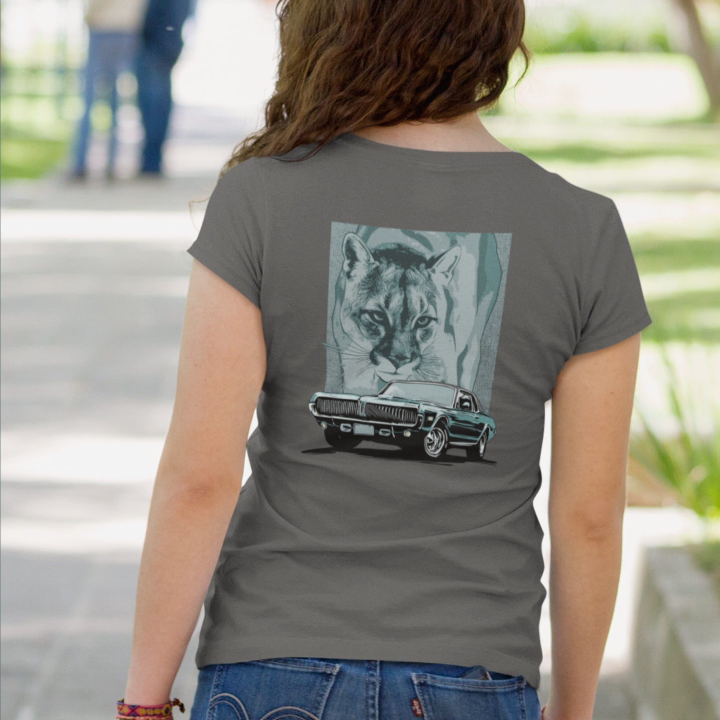 68 Cougar Unisex Jersey Tee, featuring 1968 Mercury Cougar with cougar cat backdrop, blue/green theme, design on back