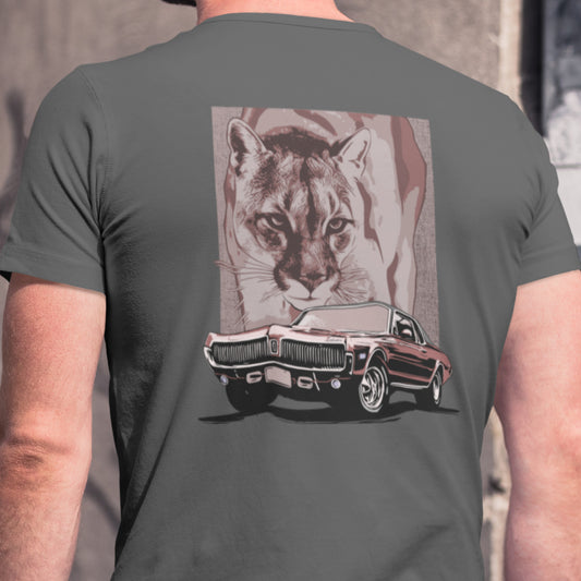 68 Cougar Unisex Jersey Tee, featuring 1968 Mercury Cougar with cougar cat backdrop, red theme, design on back