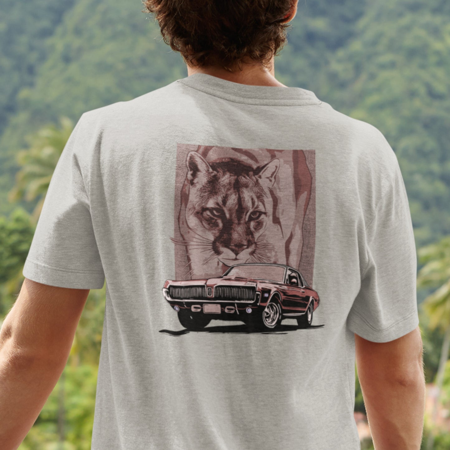 68 Cougar Unisex Jersey Tee, featuring 1968 Mercury Cougar with cougar cat backdrop, red theme, design on back