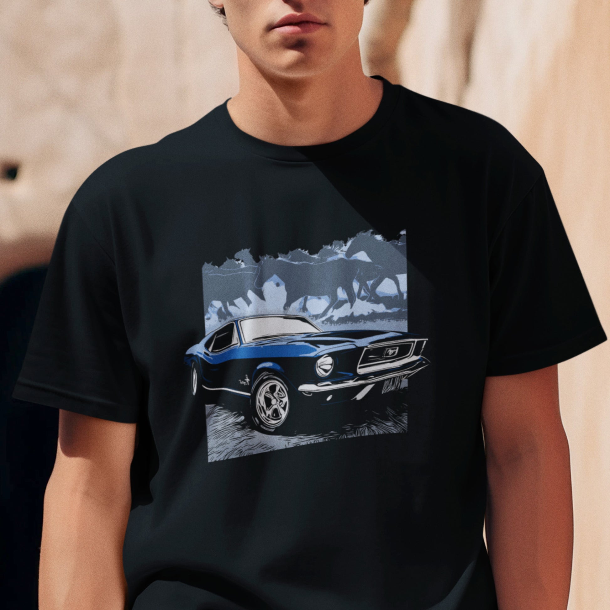 1968 Mustang Unisex Tee, Dark Blue 68 Ford Mustang with Horses