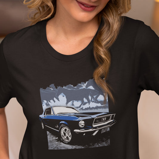 1968 Mustang Unisex Tee, Dark Blue 68 Ford Mustang with Horses
