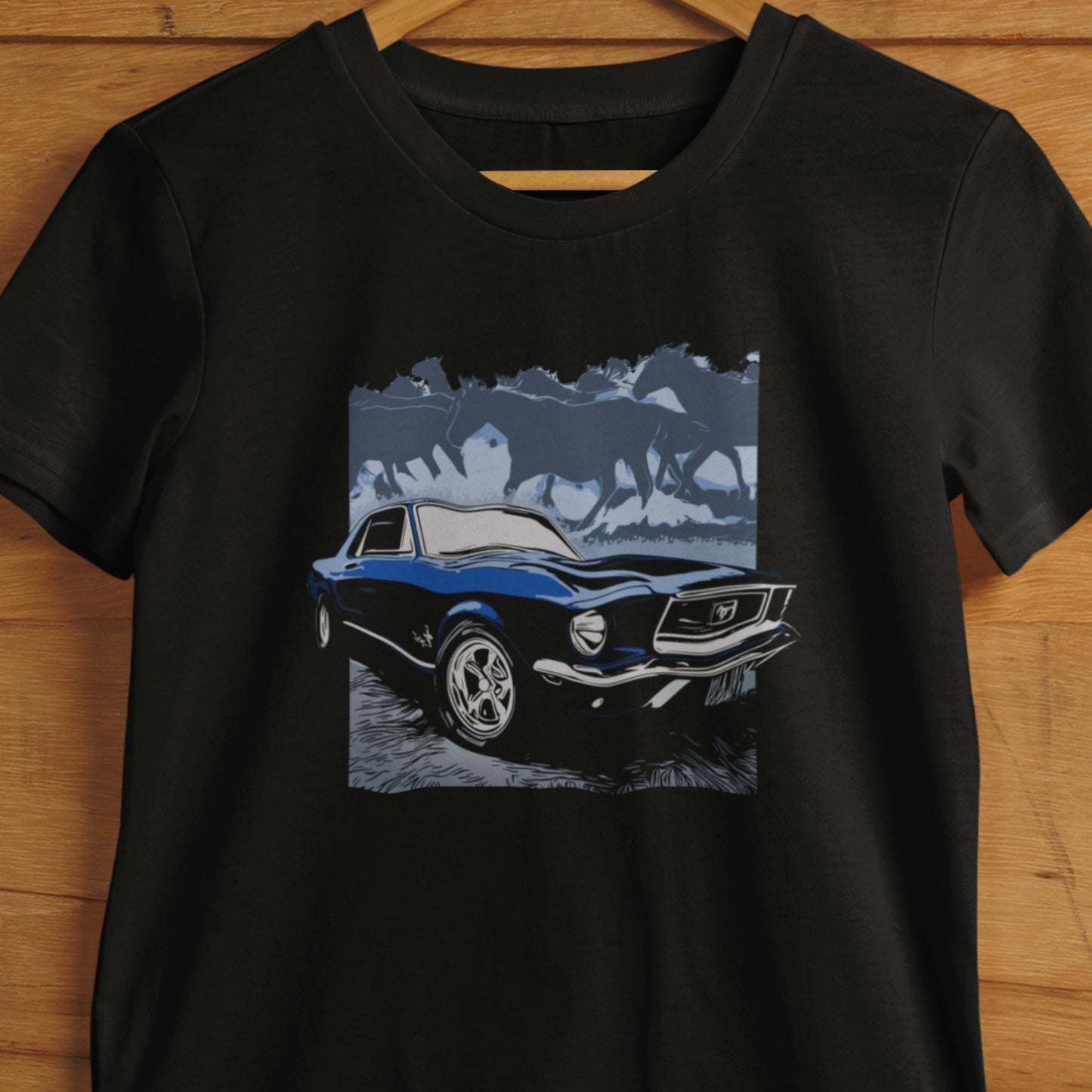 1968 Mustang Unisex Tee, Dark Blue 68 Ford Mustang with Horses