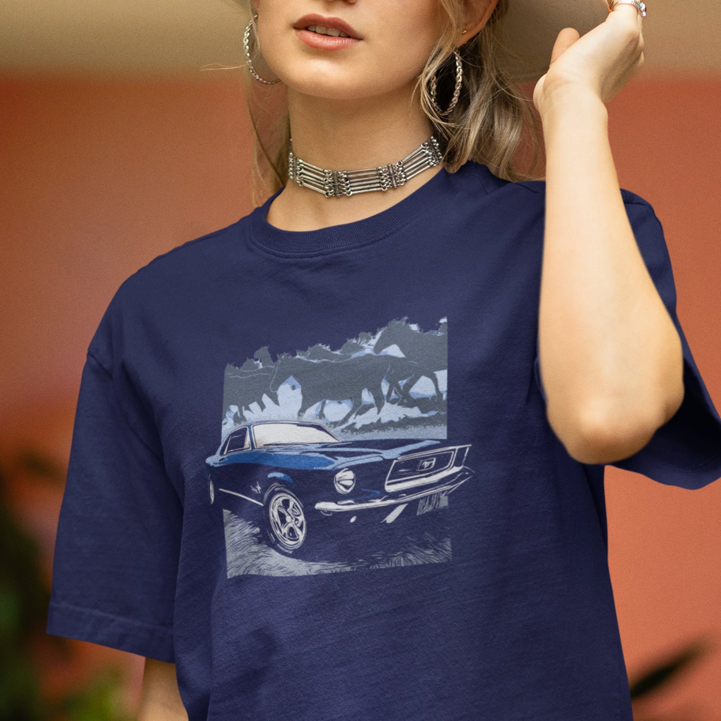 1968 Mustang Unisex Tee, Dark Blue 68 Ford Mustang with Horses