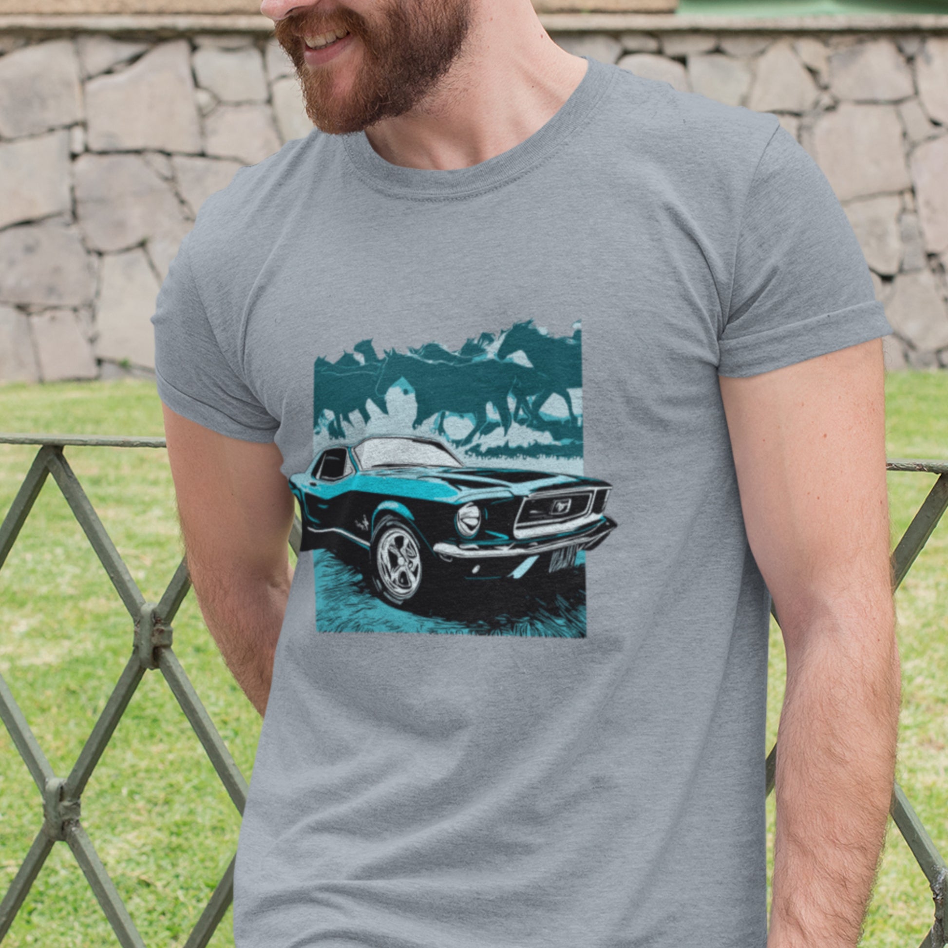 68 Mustang Unisex Jersey Tee, Blue 1968 Ford Mustang with Horses