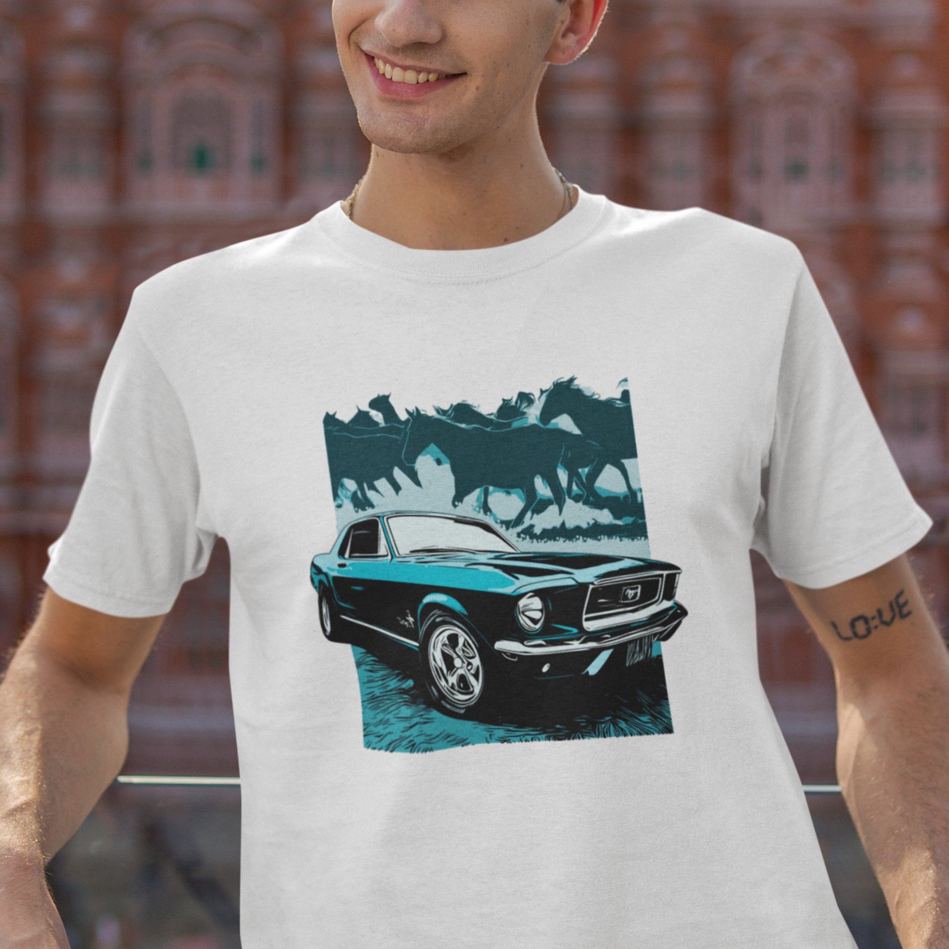 68 Mustang Unisex Jersey Tee, Blue 1968 Ford Mustang with Horses