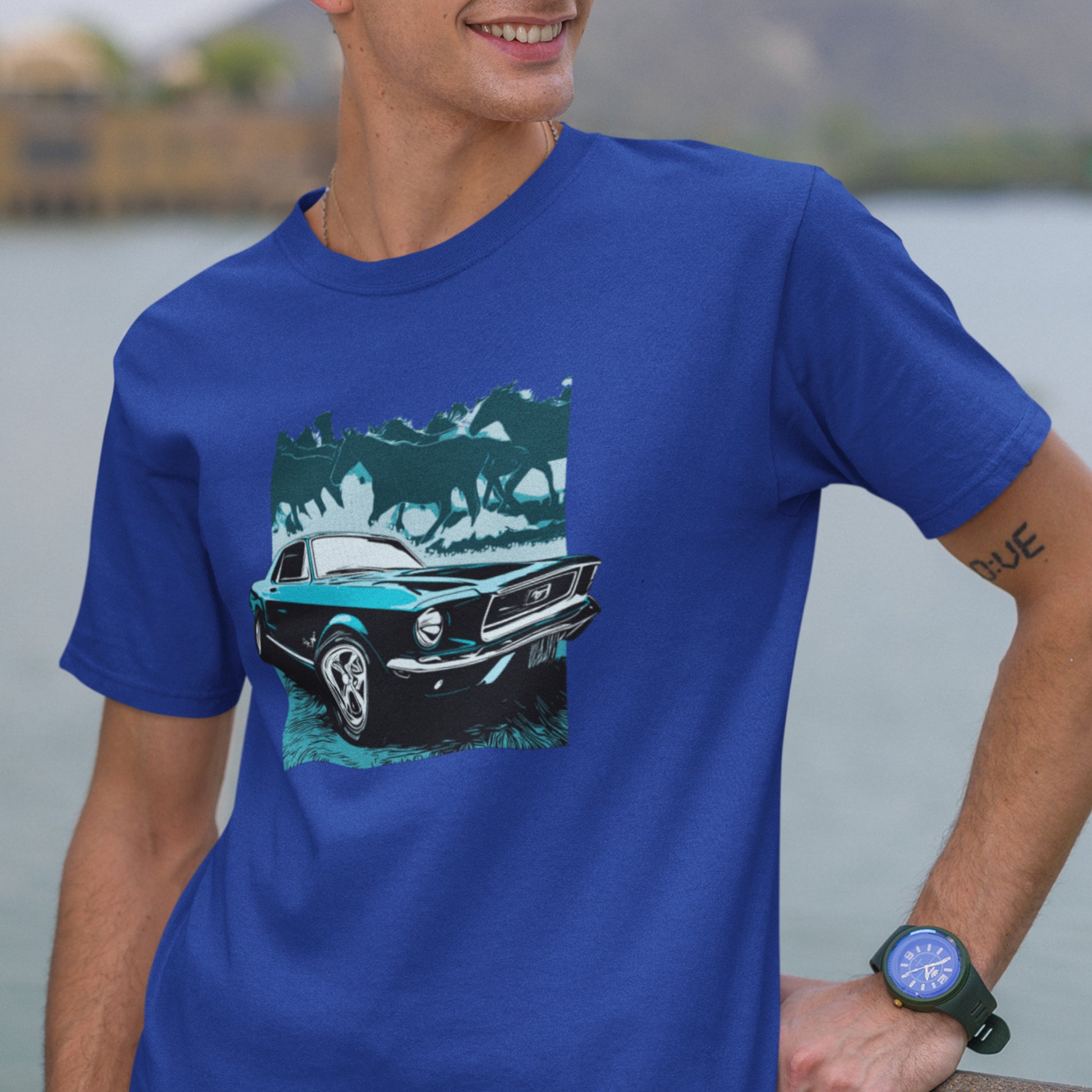 68 Mustang Unisex Jersey Tee, Blue 1968 Ford Mustang with Horses