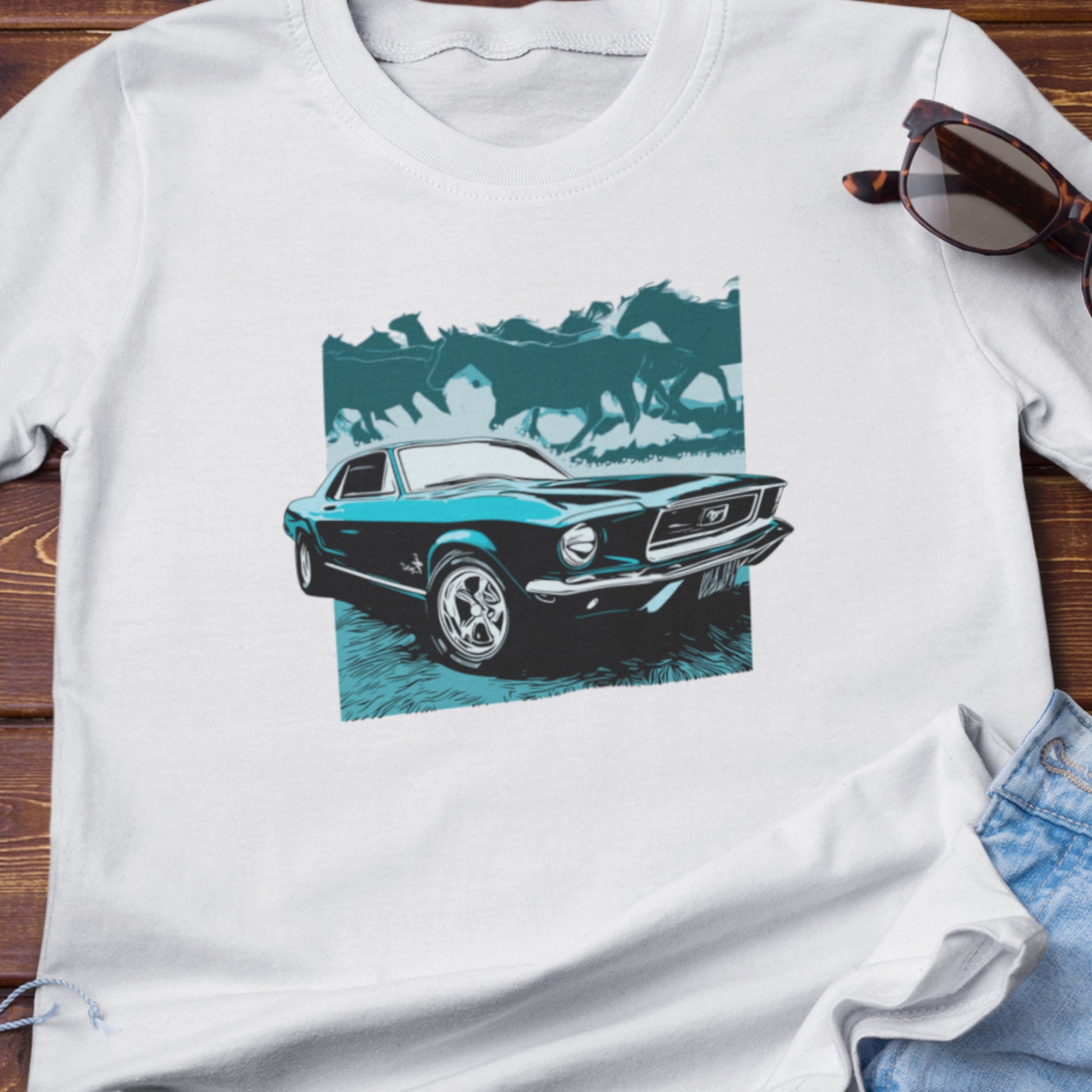 68 Mustang Unisex Jersey Tee, Blue 1968 Ford Mustang with Hors