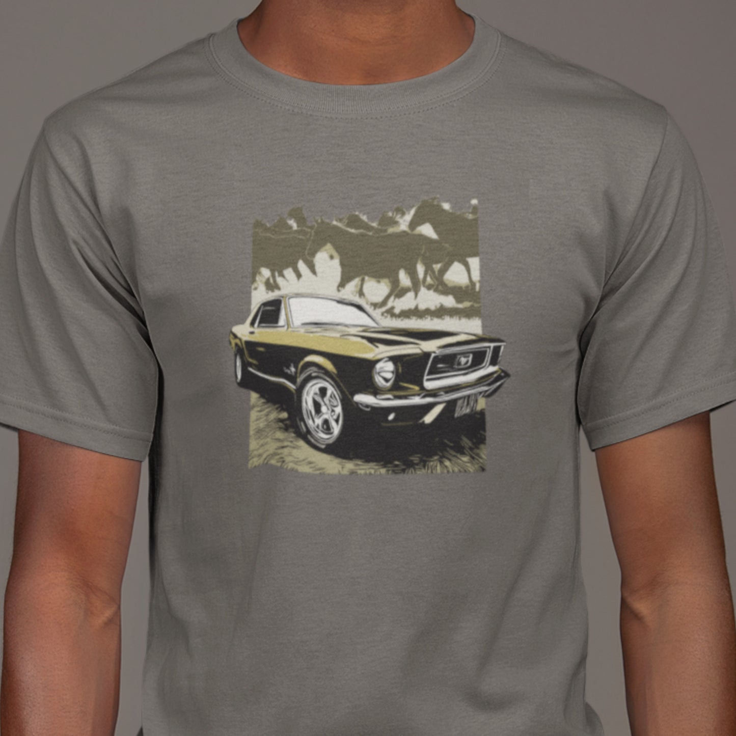 68 Mustang Unisex Jersey Tee, Gold 1968 Ford Mustang with Horses