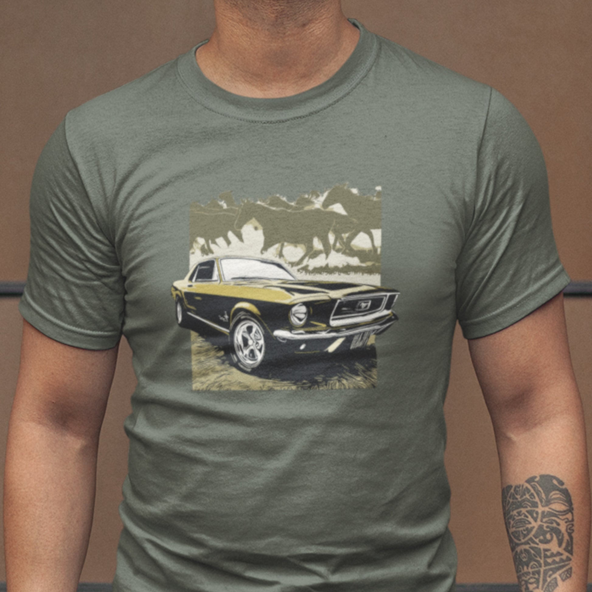 68 Mustang Unisex Jersey Tee, Gold 1968 Ford Mustang with Horses