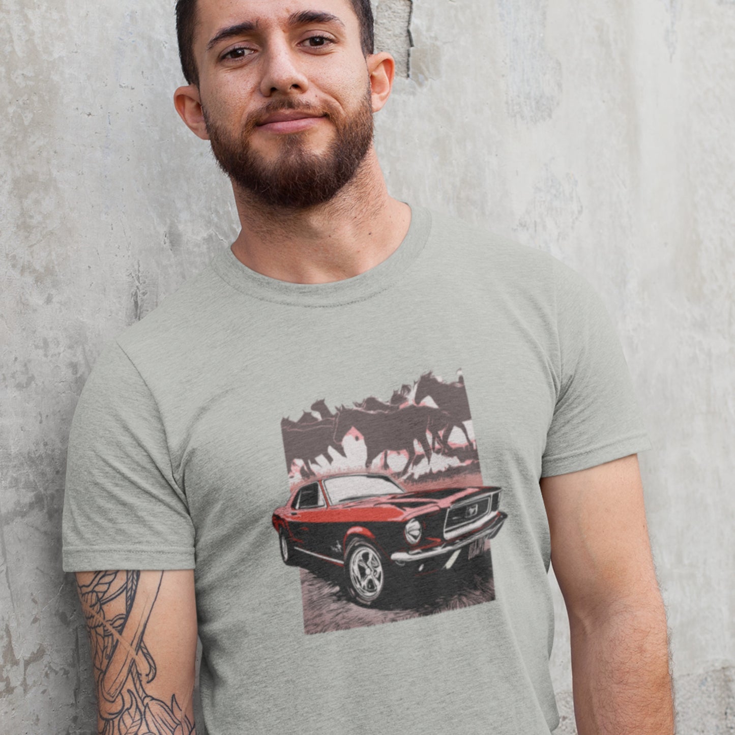 68 Mustang Unisex Jersey Tee, Red 1968 Ford Mustang with Horses