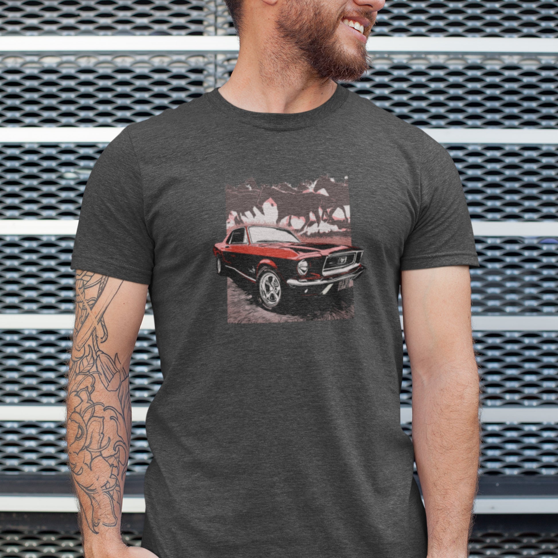 68 Mustang Unisex Jersey Tee, Red 1968 Ford Mustang with Horses