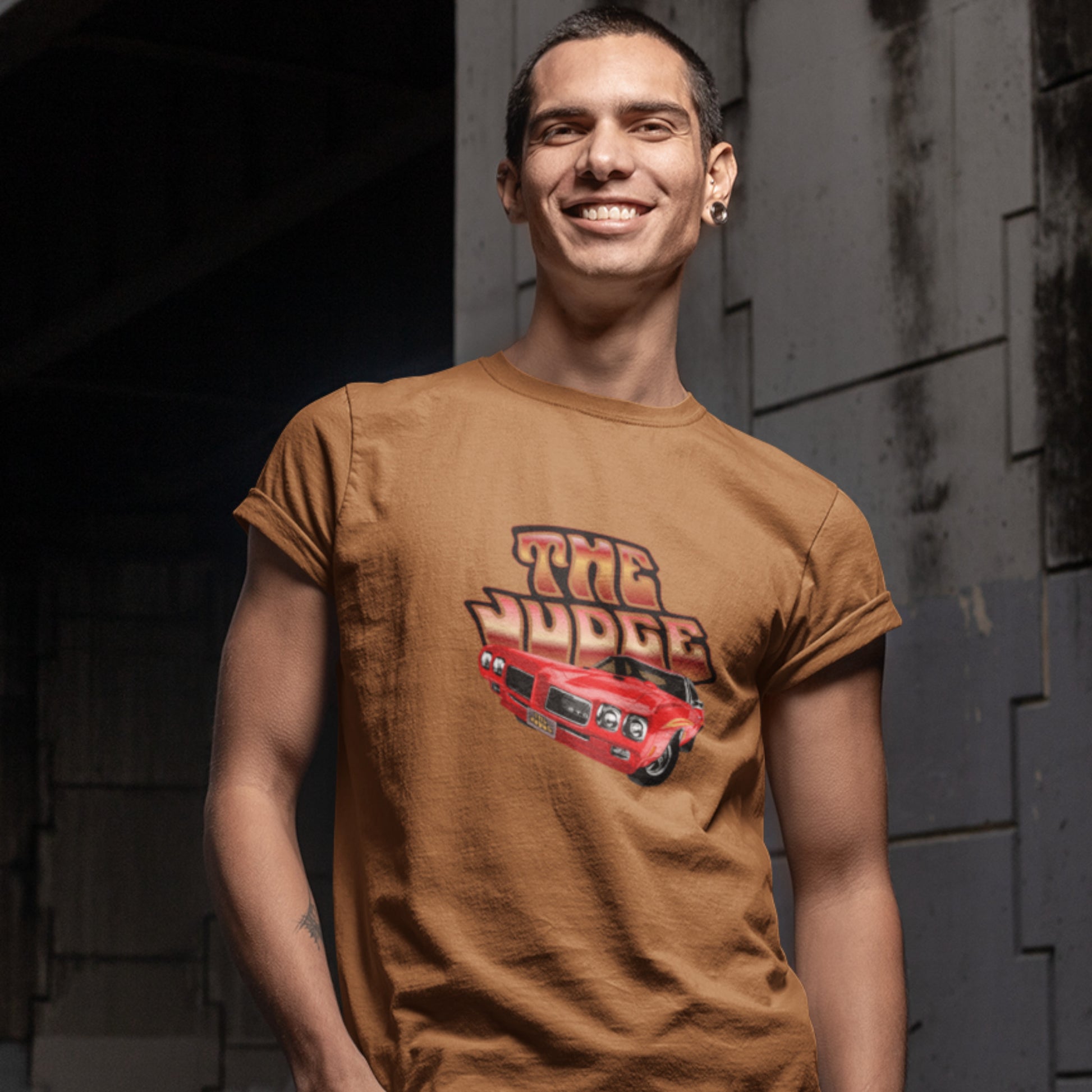 Classic car shirt featuring red 1970 Pontiac GTO Judge - Unisex T-shirt - 70 muscle car