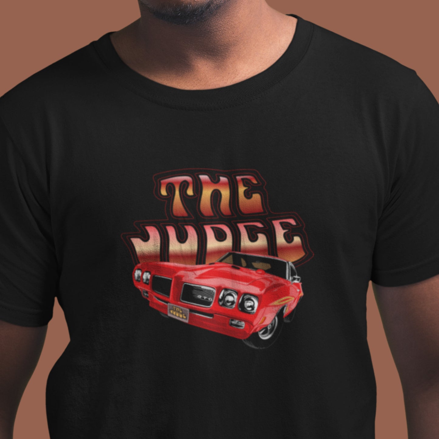 Classic car shirt featuring red 1970 Pontiac GTO Judge - Unisex T-shirt - 70 muscle car