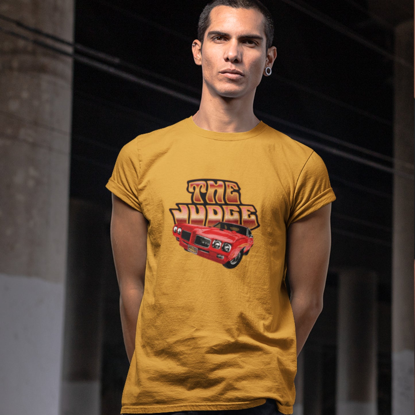 Classic car shirt featuring red 1970 Pontiac GTO Judge - Unisex T-shirt - 70 muscle car