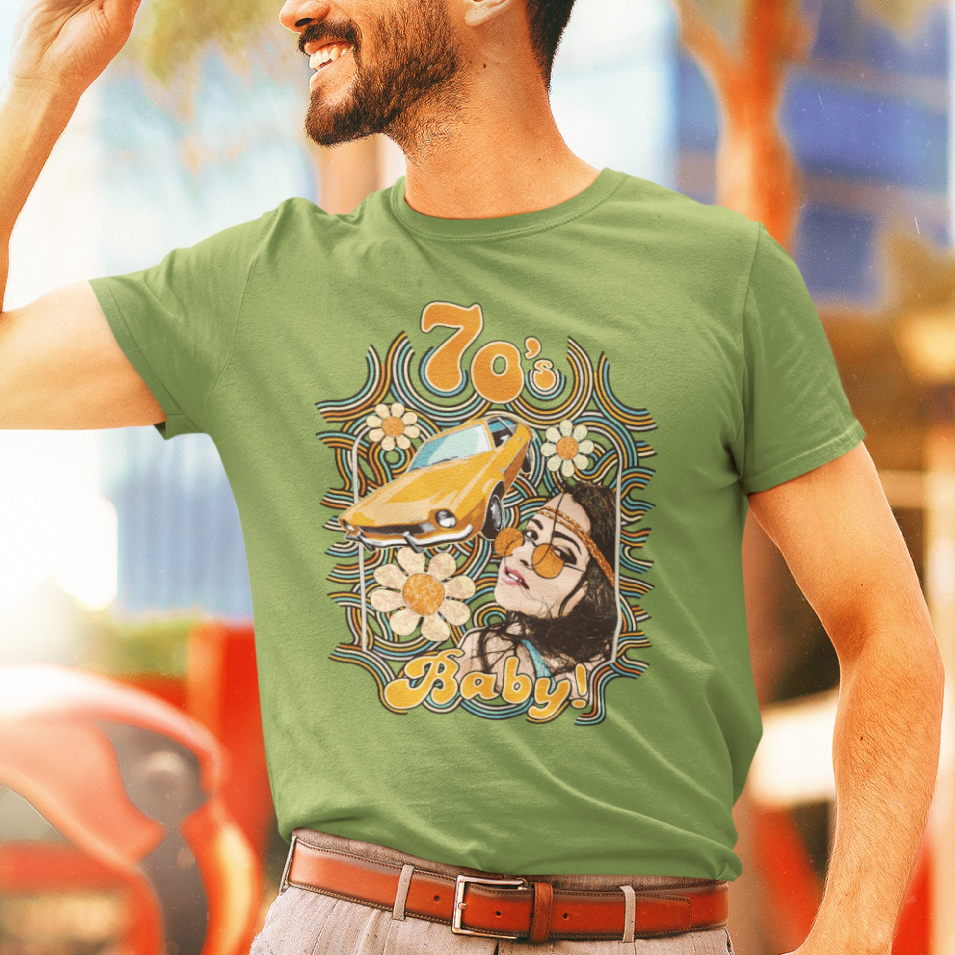 70's Baby! Unisex t-shirt featuring a young woman and Ford Pinto in 70's color palette