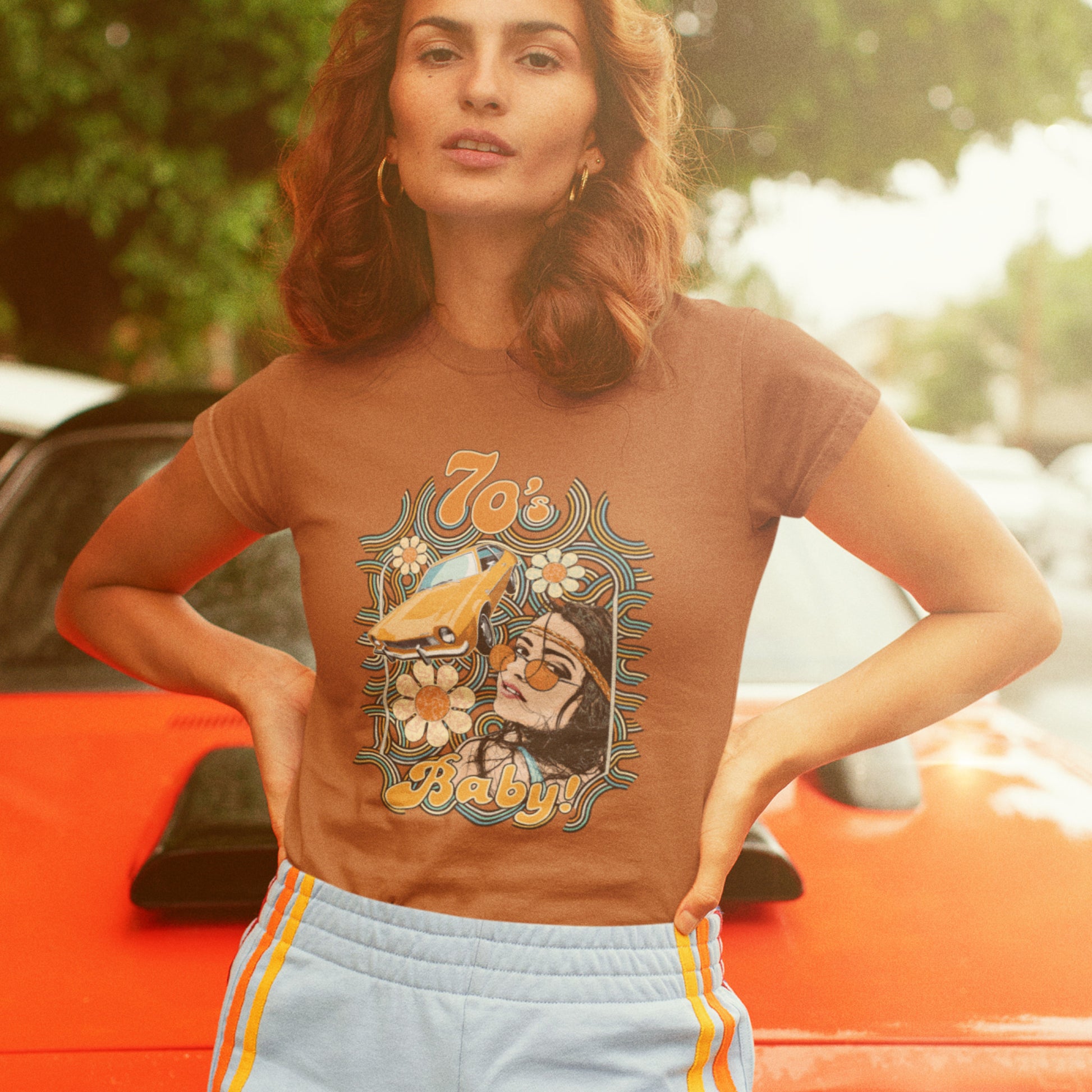 70's Baby! Unisex t-shirt featuring a young woman and Ford Pinto in 70's color palette