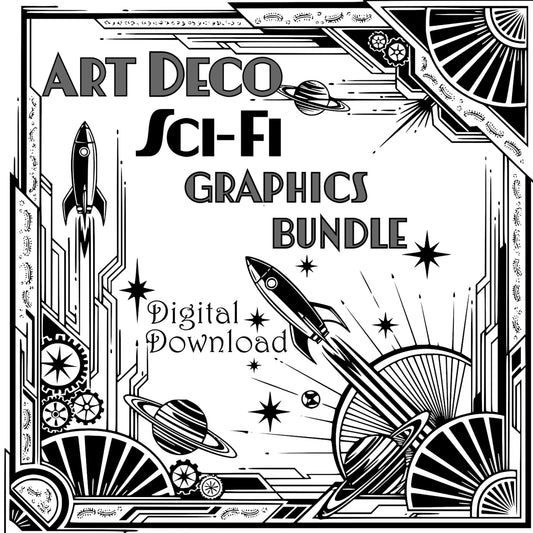 Art Deco Sci-Fi Themed Graphics Bundle - Vintage Clipart, SVG, PNG (Digital Download) 65 images. Black and white art deco style illustrations of cityscapes, robots, airships . The collection includes corner and rectangular compositions.