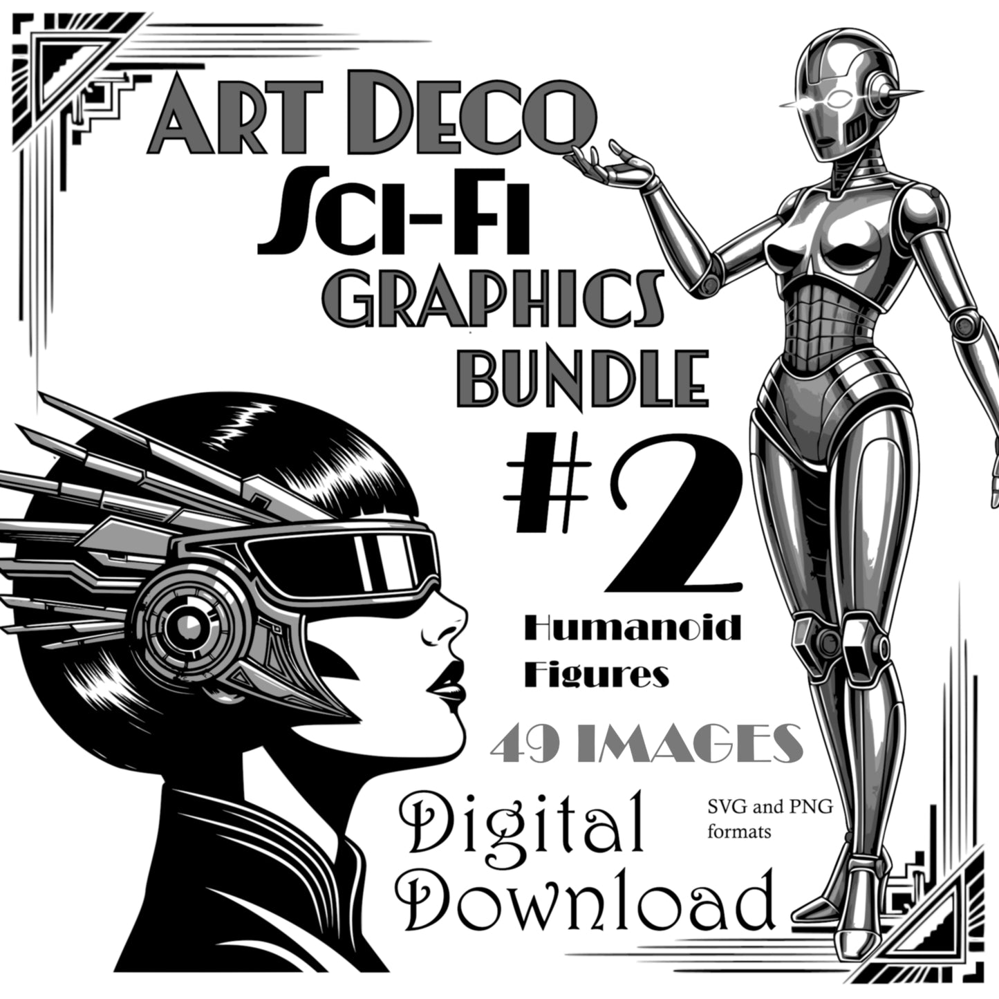 Sci-Fi Themed Art Deco Graphics Bundle - Vintage Clipart, SVG, PNG (Digital Download) 49 images. Black and white art deco style illustrations of cityscapes, people, aliens, robots, airships .