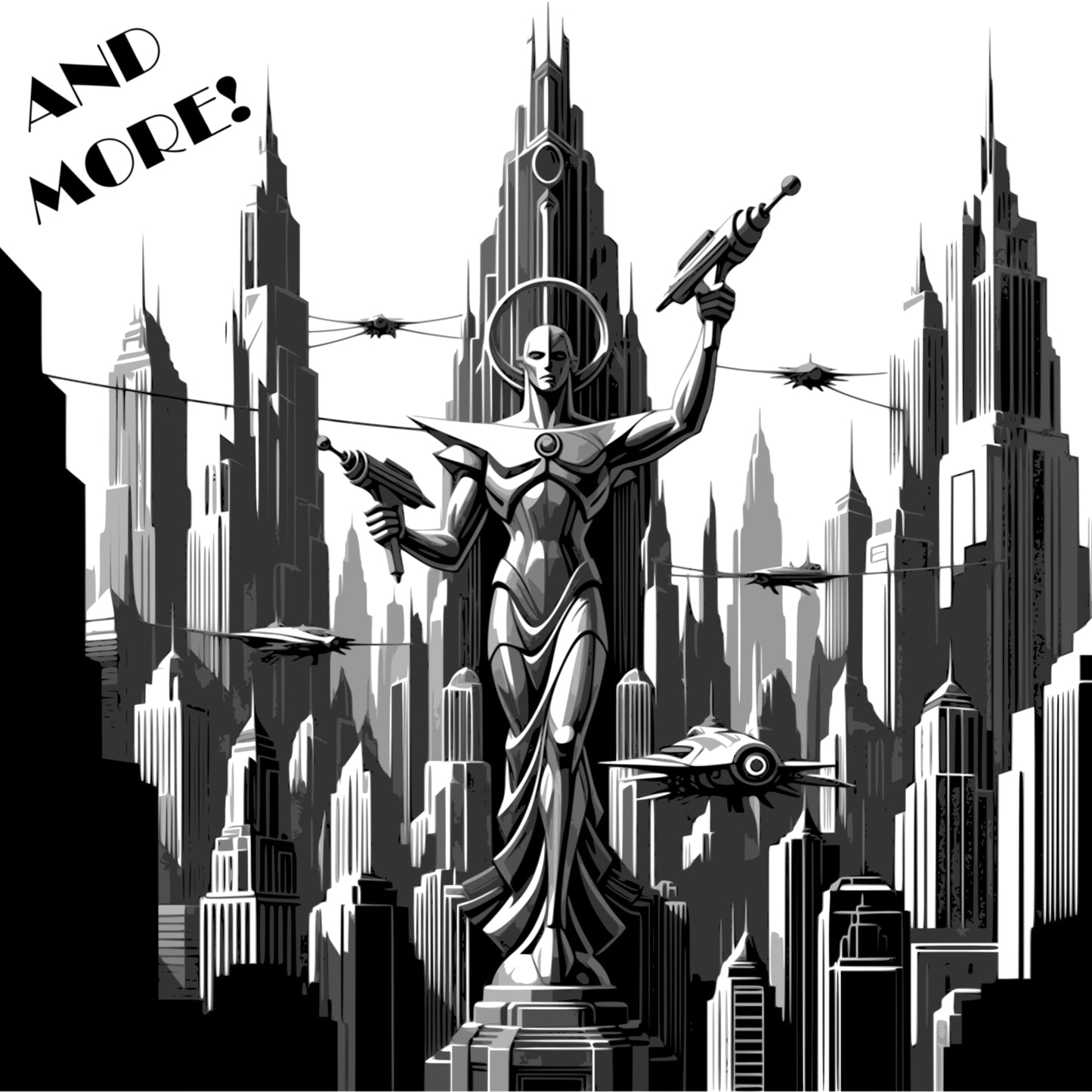 Sci-Fi Themed Art Deco Graphics Bundle - Vintage Clipart, SVG, PNG (Digital Download) 49 images. Black and white art deco style illustrations of cityscapes, people, aliens, robots, airships .