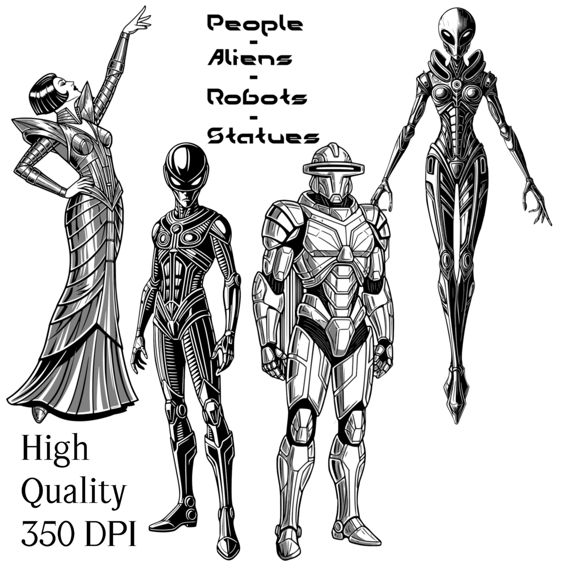 Sci-Fi Themed Art Deco Graphics Bundle - Vintage Clipart, SVG, PNG (Digital Download) 49 images. Black and white art deco style illustrations of cityscapes, people, aliens, robots, airships .