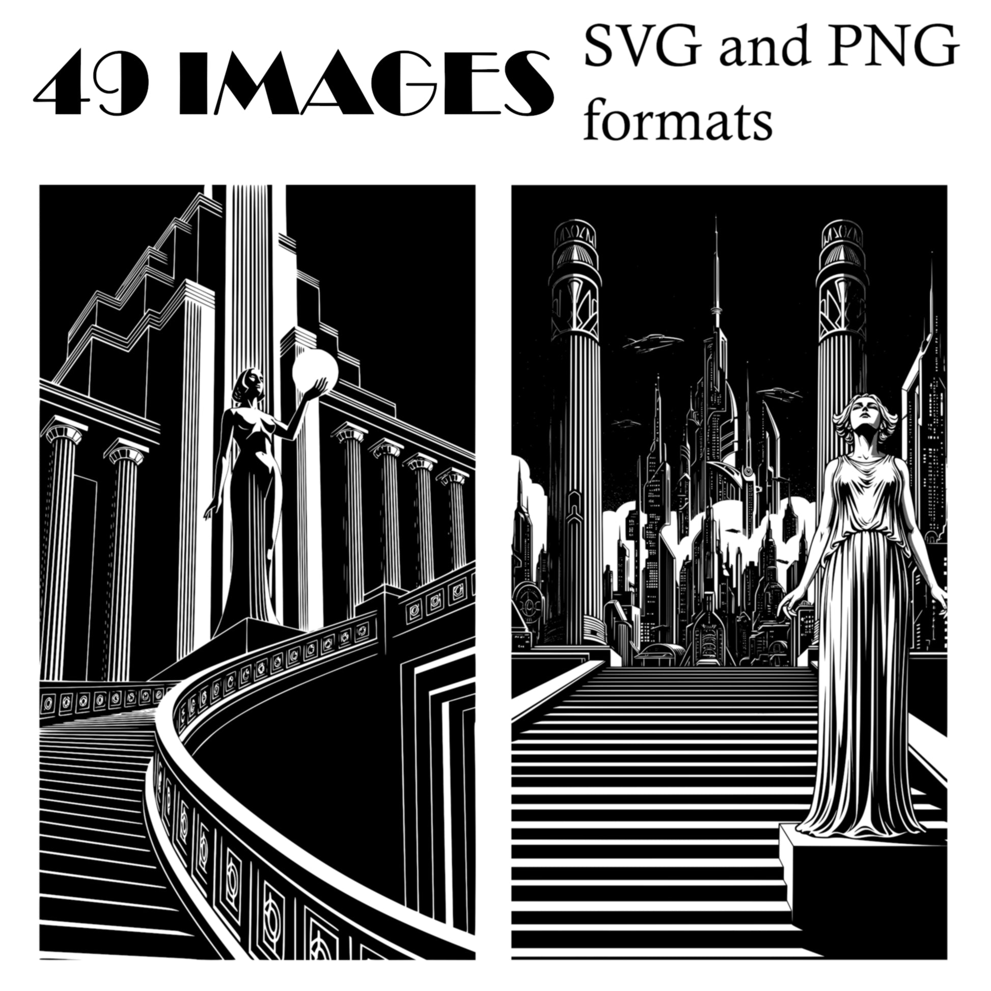 Sci-Fi Themed Art Deco Graphics Bundle - Vintage Clipart, SVG, PNG (Digital Download) 49 images. Black and white art deco style illustrations of cityscapes, people, aliens, robots, airships .