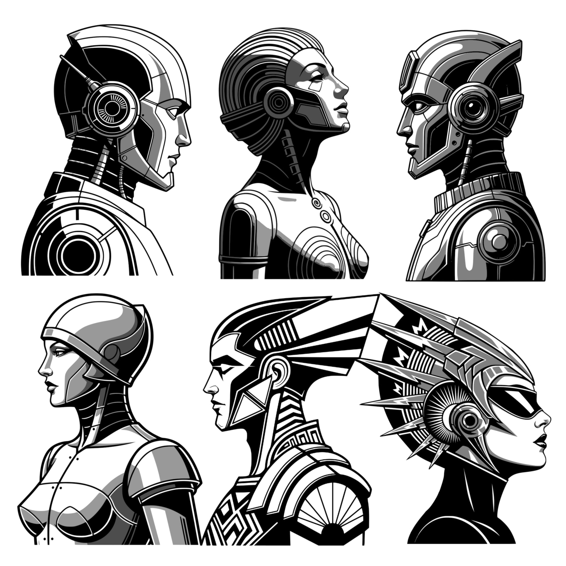 Sci-Fi Themed Art Deco Graphics Bundle - Vintage Clipart, SVG, PNG (Digital Download) 49 images. Black and white art deco style illustrations of cityscapes, people, aliens, robots, airships .