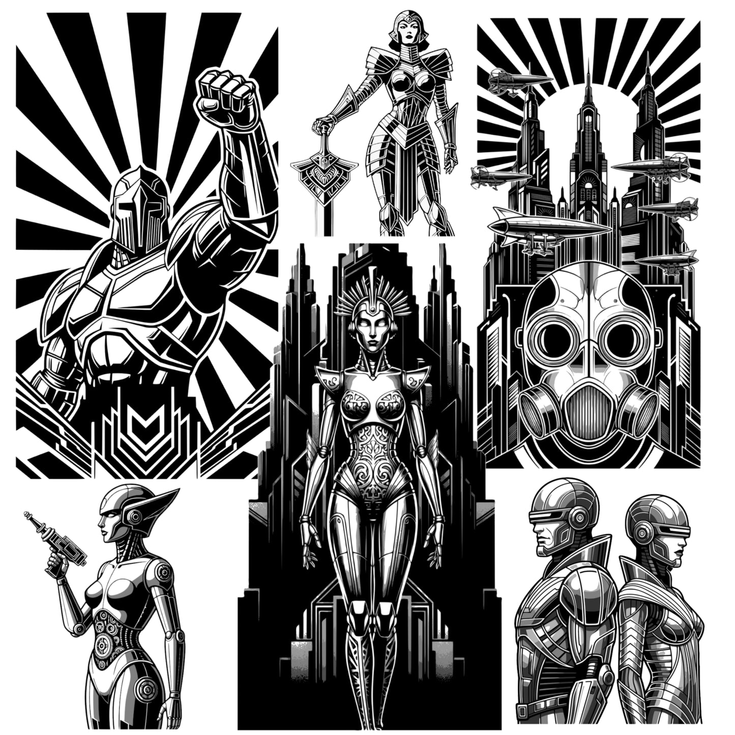 Sci-Fi Themed Art Deco Graphics Bundle - Vintage Clipart, SVG, PNG (Digital Download) 49 images. Black and white art deco style illustrations of cityscapes, people, aliens, robots, airships .