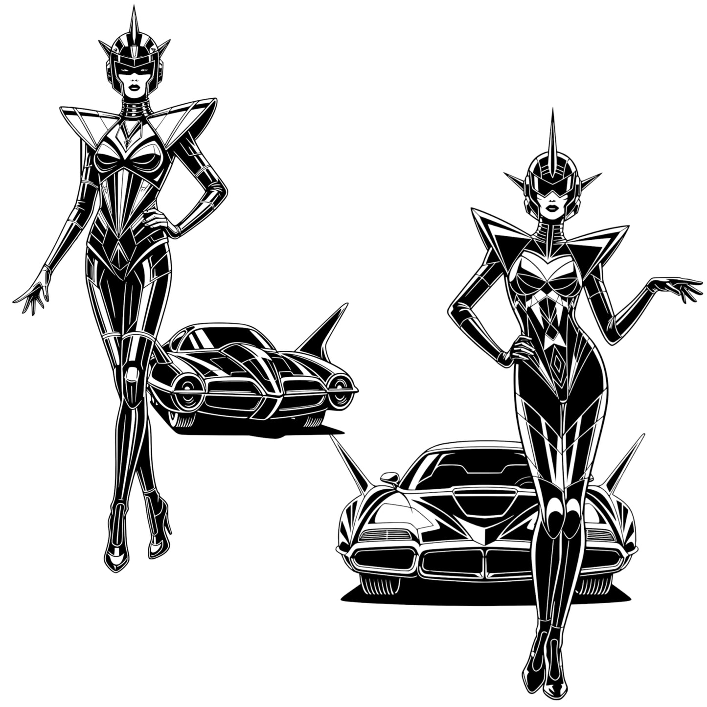 Sci-Fi Themed Art Deco Graphics Bundle - Vintage Clipart, SVG, PNG (Digital Download) 49 images. Black and white art deco style illustrations of cityscapes, people, aliens, robots, airships .