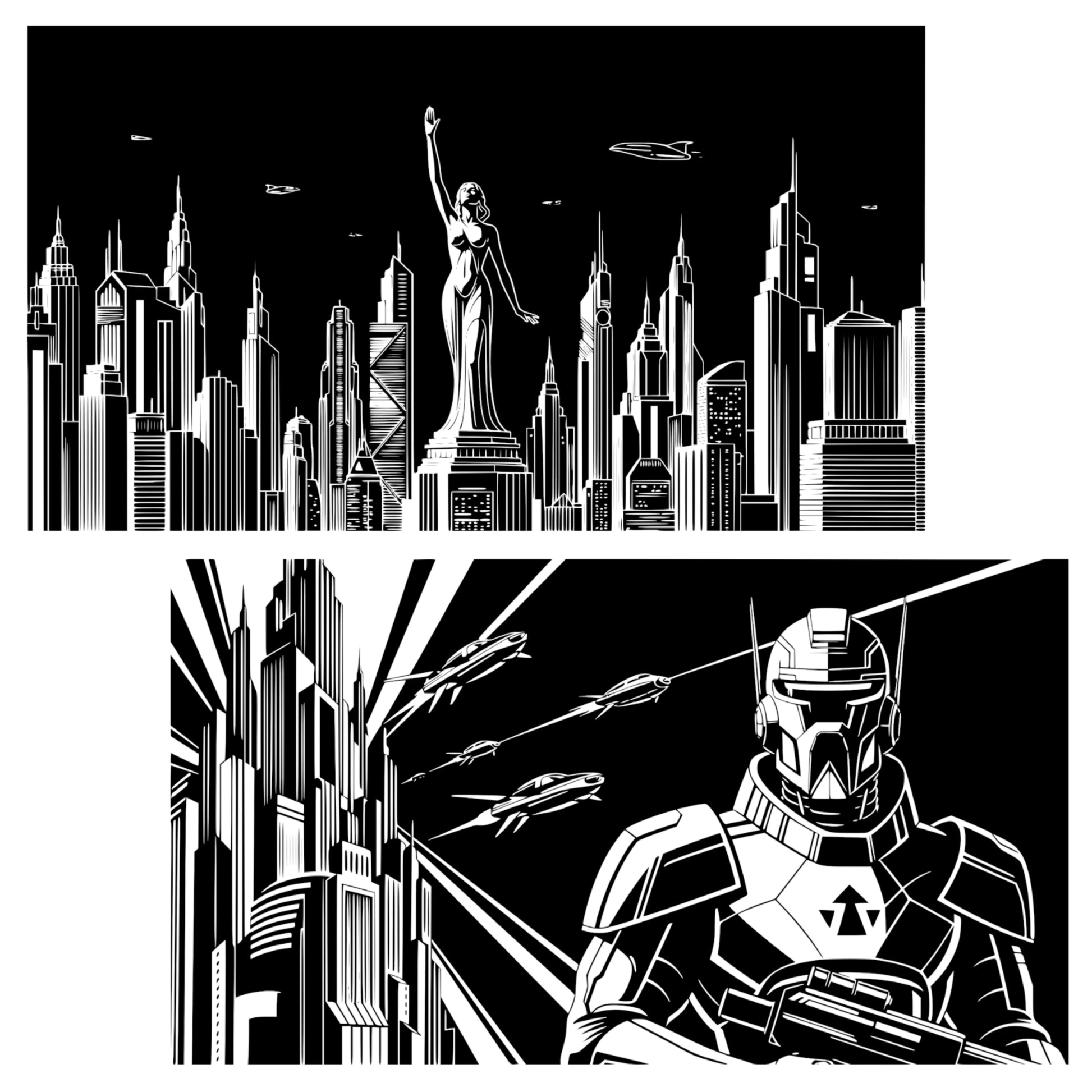 Sci-Fi Themed Art Deco Graphics Bundle - Vintage Clipart, SVG, PNG (Digital Download) 49 images. Black and white art deco style illustrations of cityscapes, people, aliens, robots, airships .