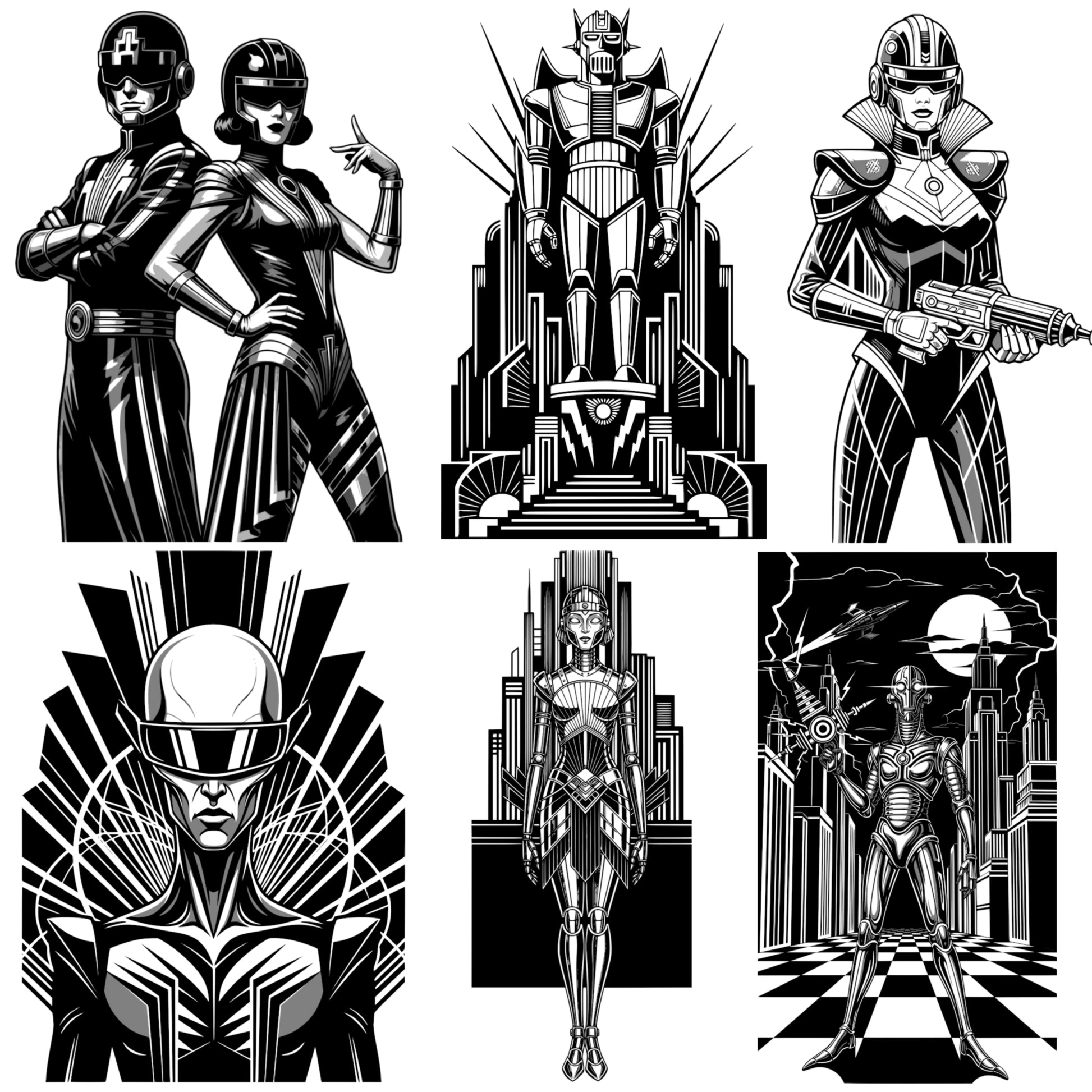 Sci-Fi Themed Art Deco Graphics Bundle - Vintage Clipart, SVG, PNG (Digital Download) 49 images. Black and white art deco style illustrations of cityscapes, people, aliens, robots, airships .