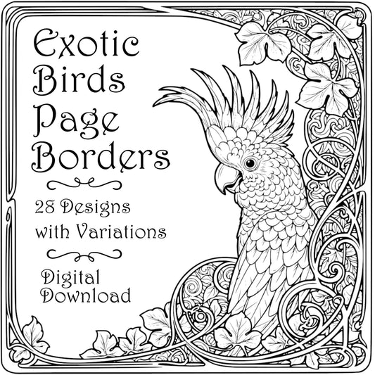 Exotic Birds Page Borders - Vintage Clipart, SVG, PNG (Digital Download), Peacock, Parrot, Cockatoo, more