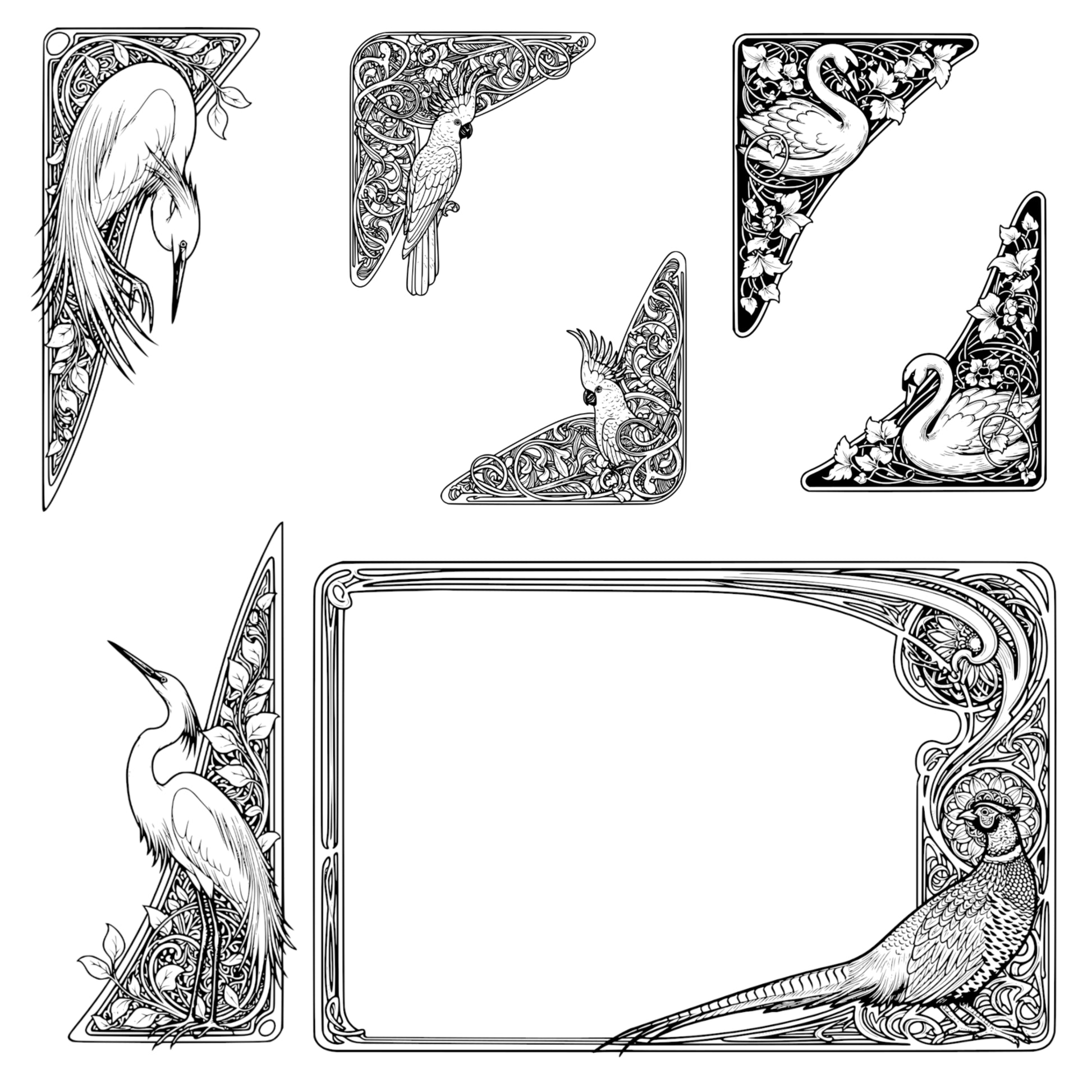 Exotic Birds Page Borders - Vintage Clipart, SVG, PNG (Digital Download), Peacock, Parrot, Cockatoo, more