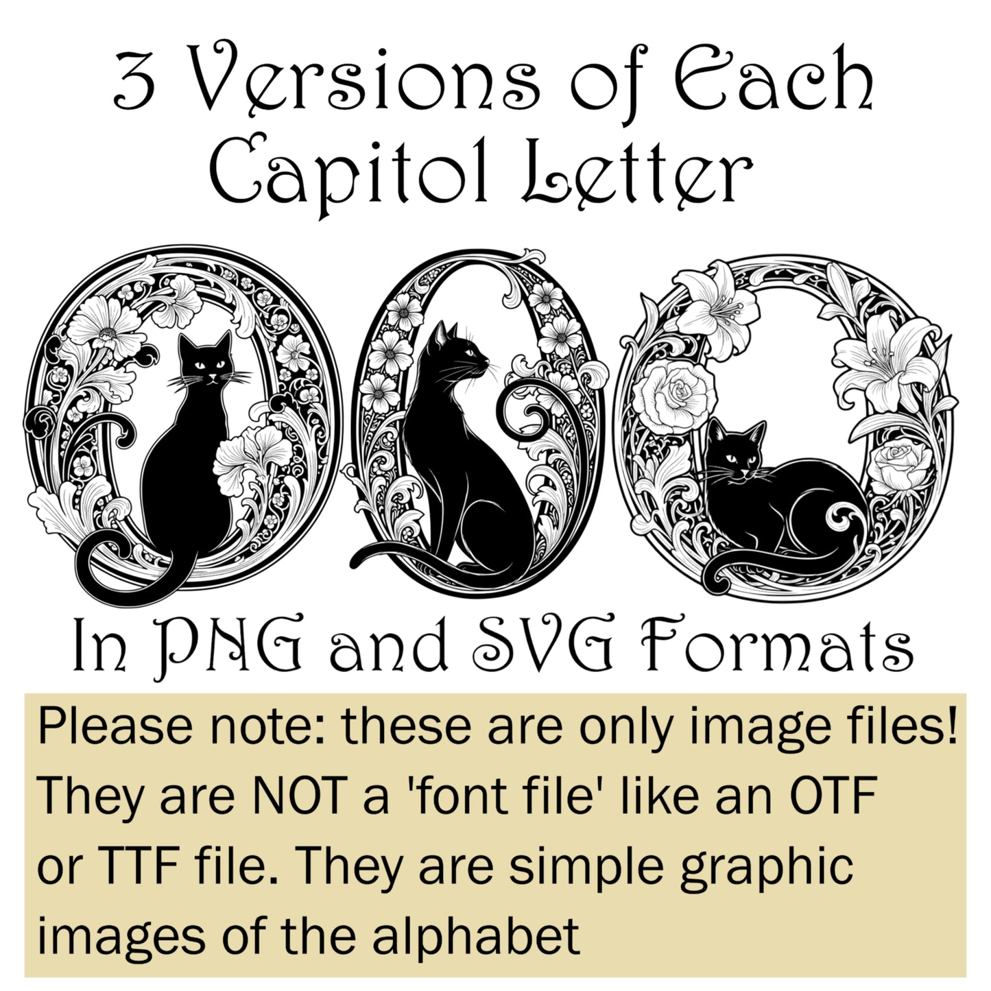 Black Cat Art Nouveau-styled Alphabet images - Digital Download - Capitol Letters with Cats