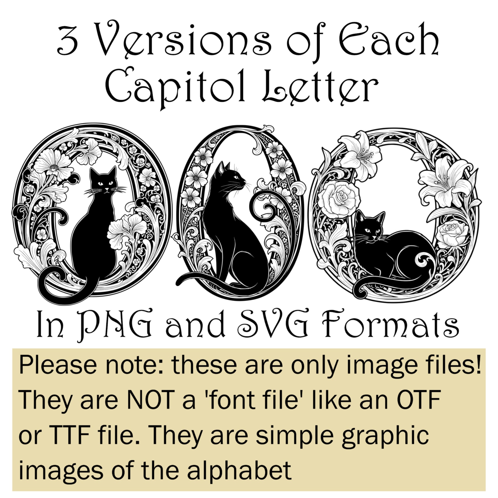 Black Cat Art Nouveau-styled Alphabet images - Digital Download - Capitol Letters with Cats
