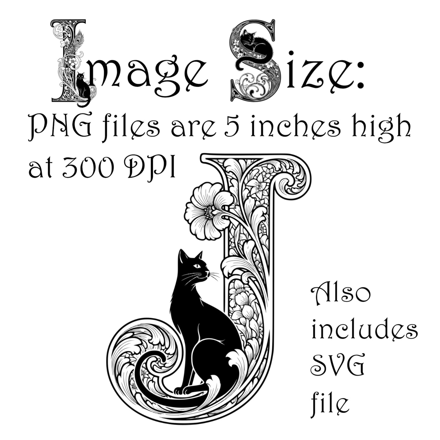 Black Cat Art Nouveau-styled Alphabet images - Digital Download - Capitol Letters with Cats