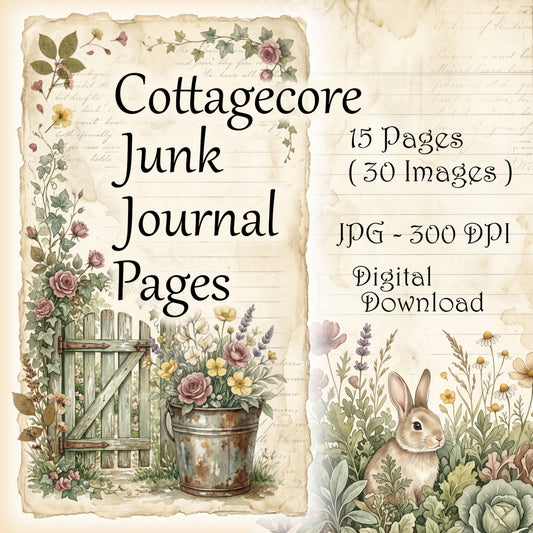 Cottagecore Junk Journal Kit — Vintage Botanical Printable Pages, Digital Download