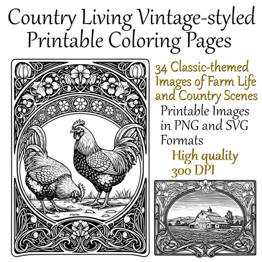 Country Living Art Nouveau Coloring Pages – Vintage-themed Rustic Farming and Rural Life