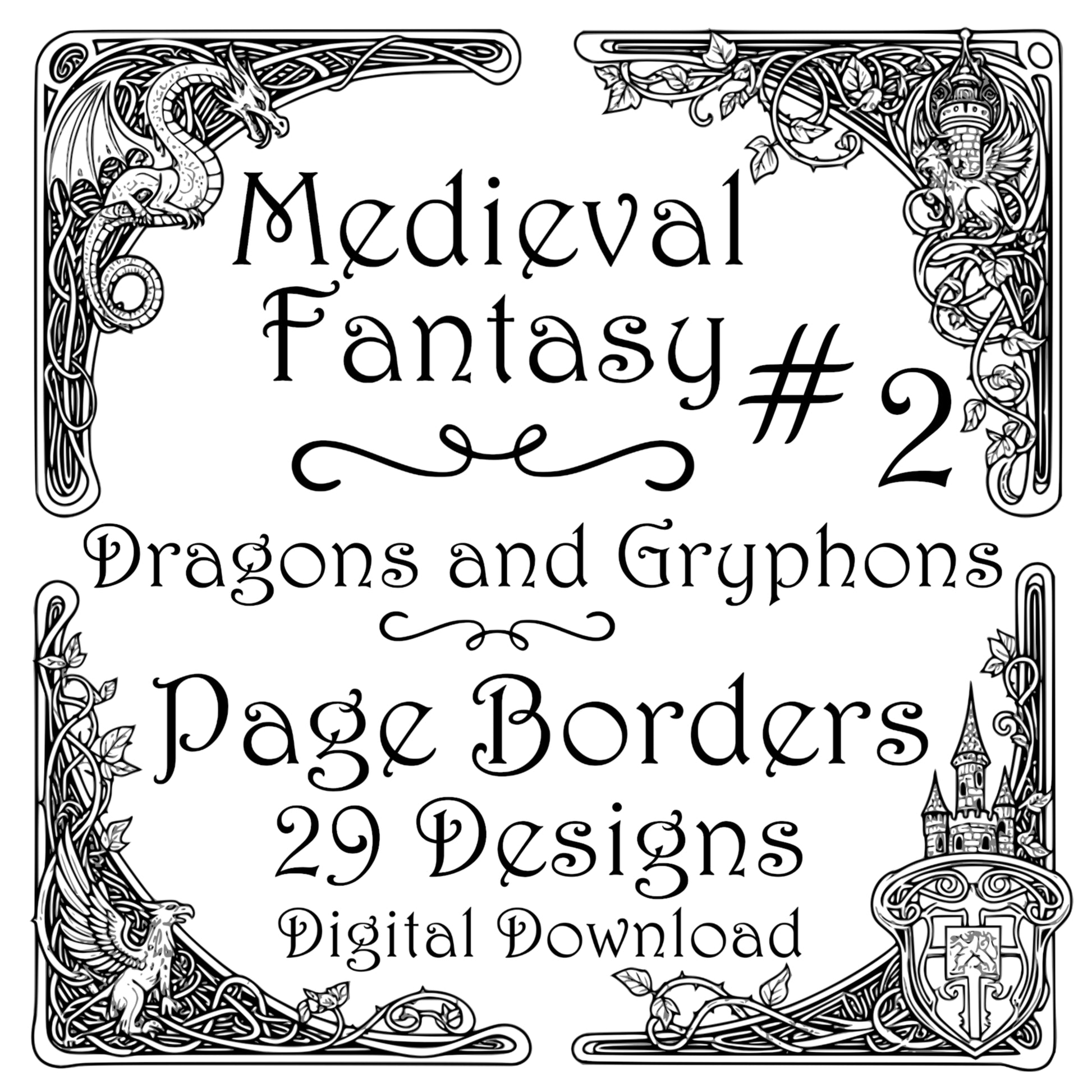Medieval Fantasy #2 Dragons and Gryphons Border Frames - Vintage Clipart, SVG, PNG (DIGITAL DOWNLOAD)