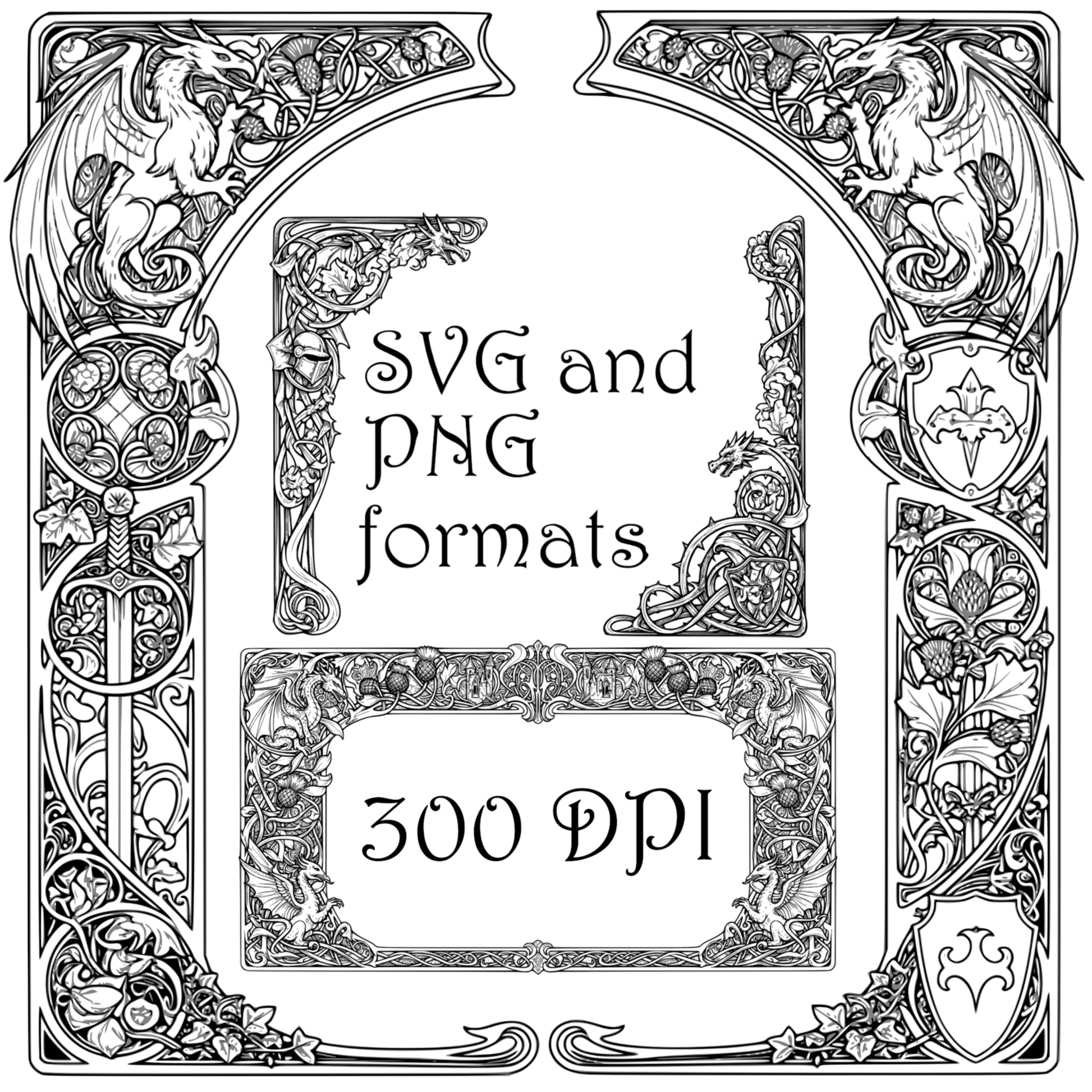 Medieval Fantasy #2 Dragons and Gryphons Border Frames - Vintage Clipart, SVG, PNG (DIGITAL DOWNLOAD)