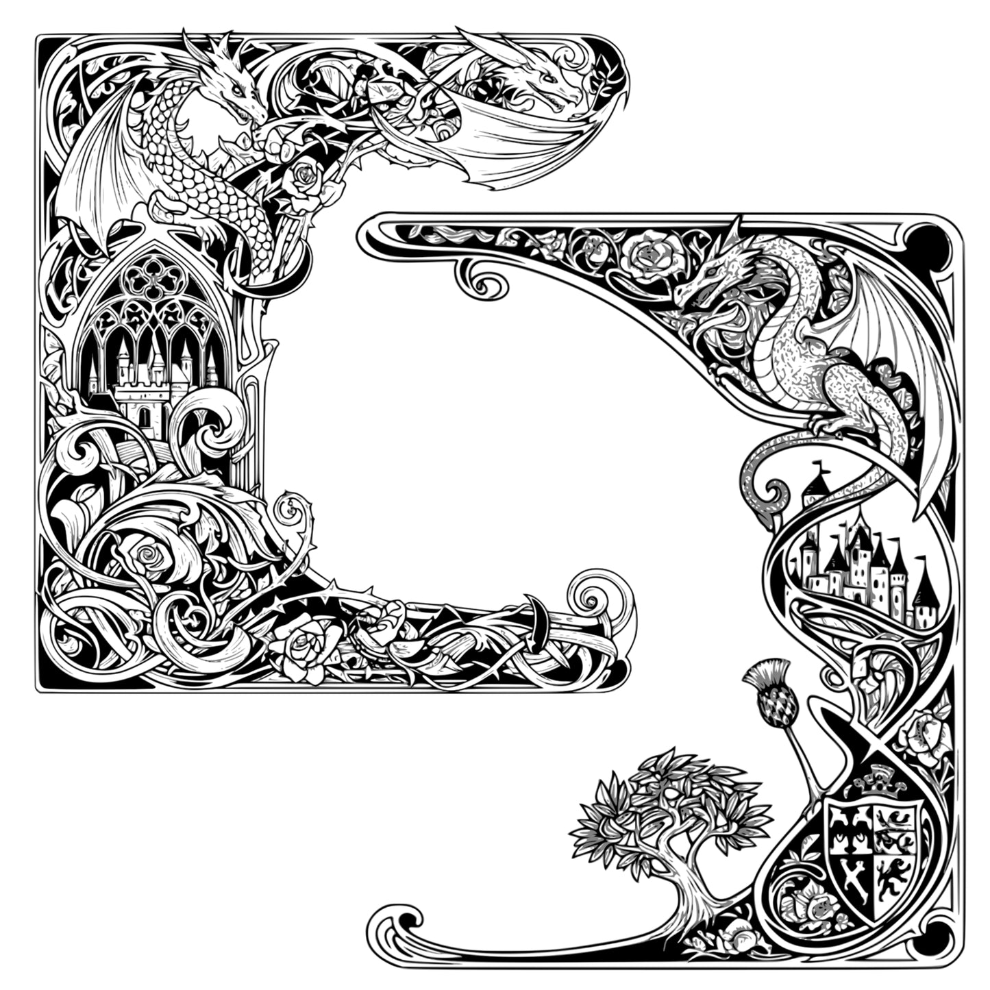 Medieval Fantasy #2 Dragons and Gryphons Border Frames - Vintage Clipart, SVG, PNG (DIGITAL DOWNLOAD)