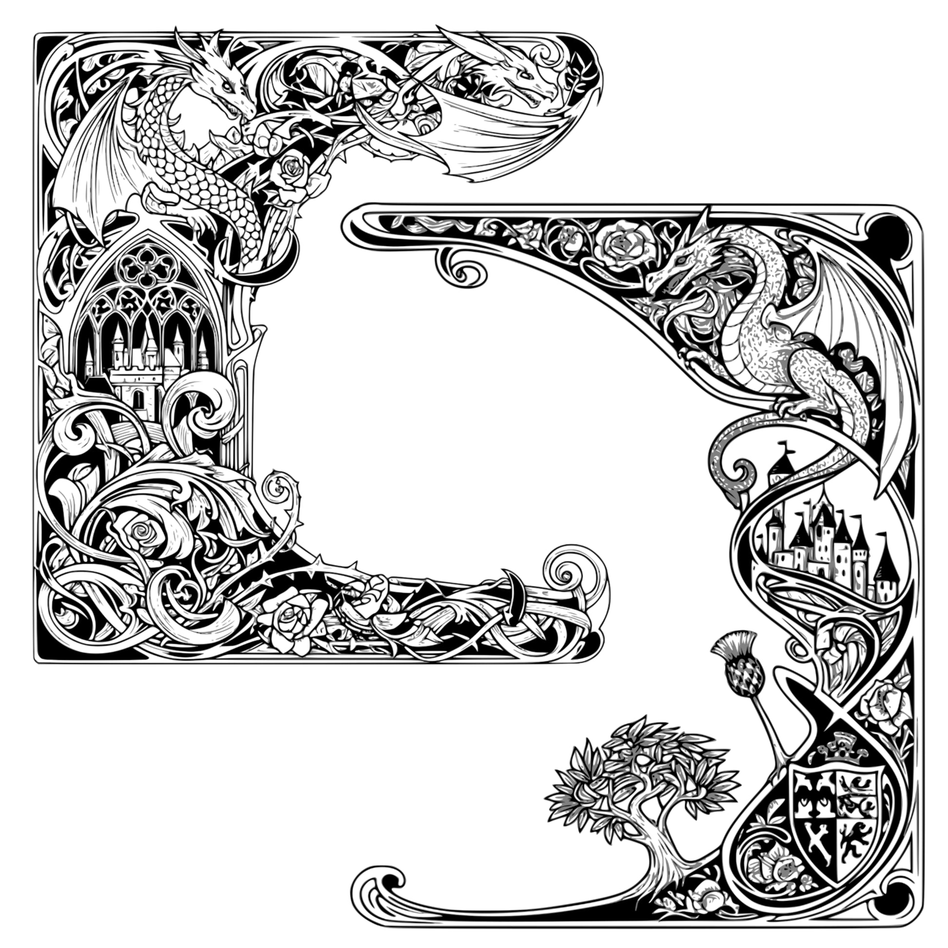 Medieval Fantasy #2 Dragons and Gryphons Border Frames - Vintage Clipart, SVG, PNG (DIGITAL DOWNLOAD)