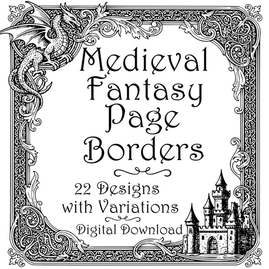 Medieval Fantasy Border Frames - Vintage Clipart, SVG, PNG (Digital Download). Dragons, castles, knights