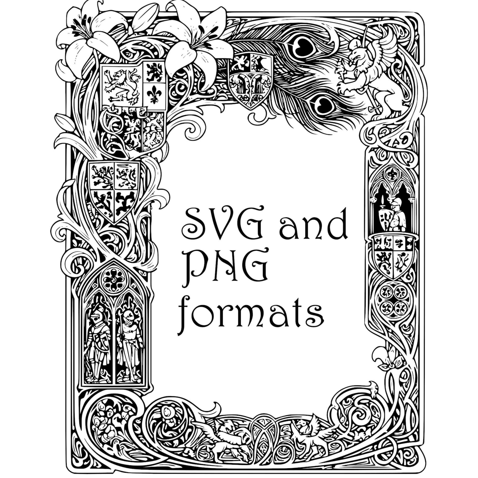 Medieval Fantasy Border Frames - Vintage Clipart, SVG, PNG (Digital Download). Dragons, castles, knights