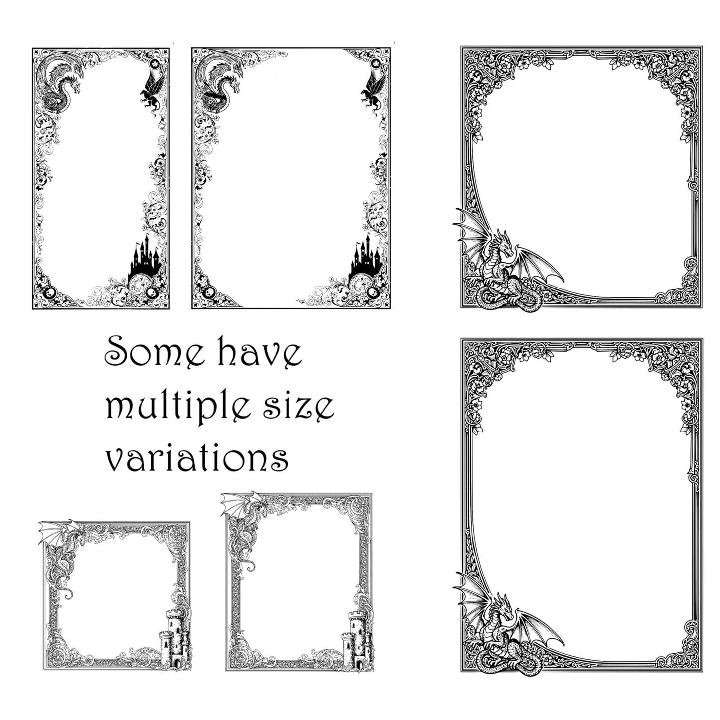 Medieval Fantasy Border Frames - Vintage Clipart, SVG, PNG (Digital Download). Dragons, castles, knights