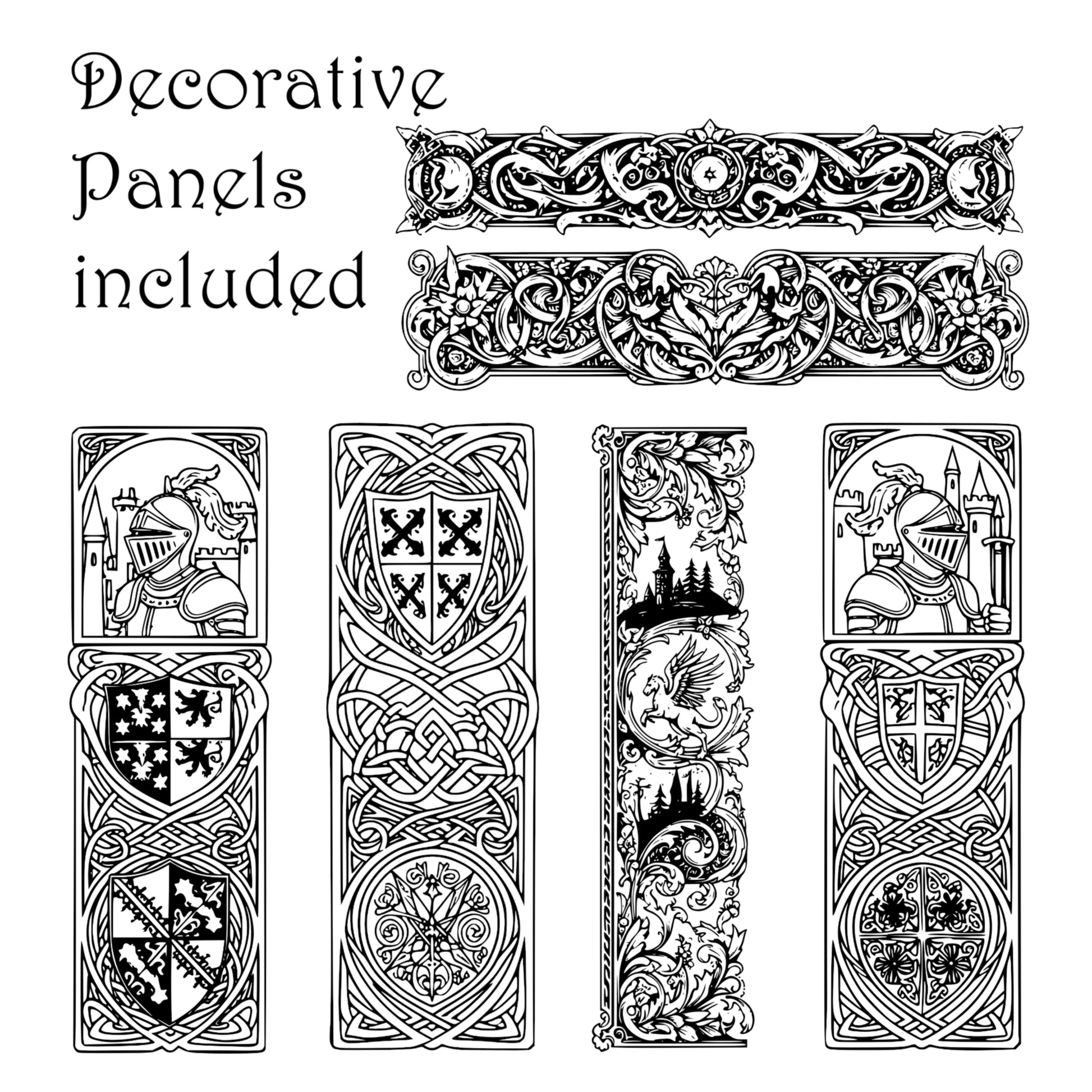Medieval Fantasy Border Frames - Vintage Clipart, SVG, PNG (Digital Download). Dragons, castles, knights
