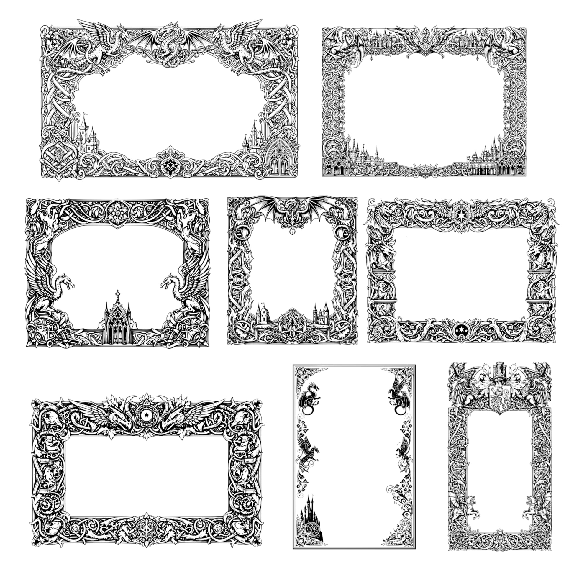 Medieval Fantasy Border Frames - Vintage Clipart, SVG, PNG (Digital Download). Dragons, castles, knights