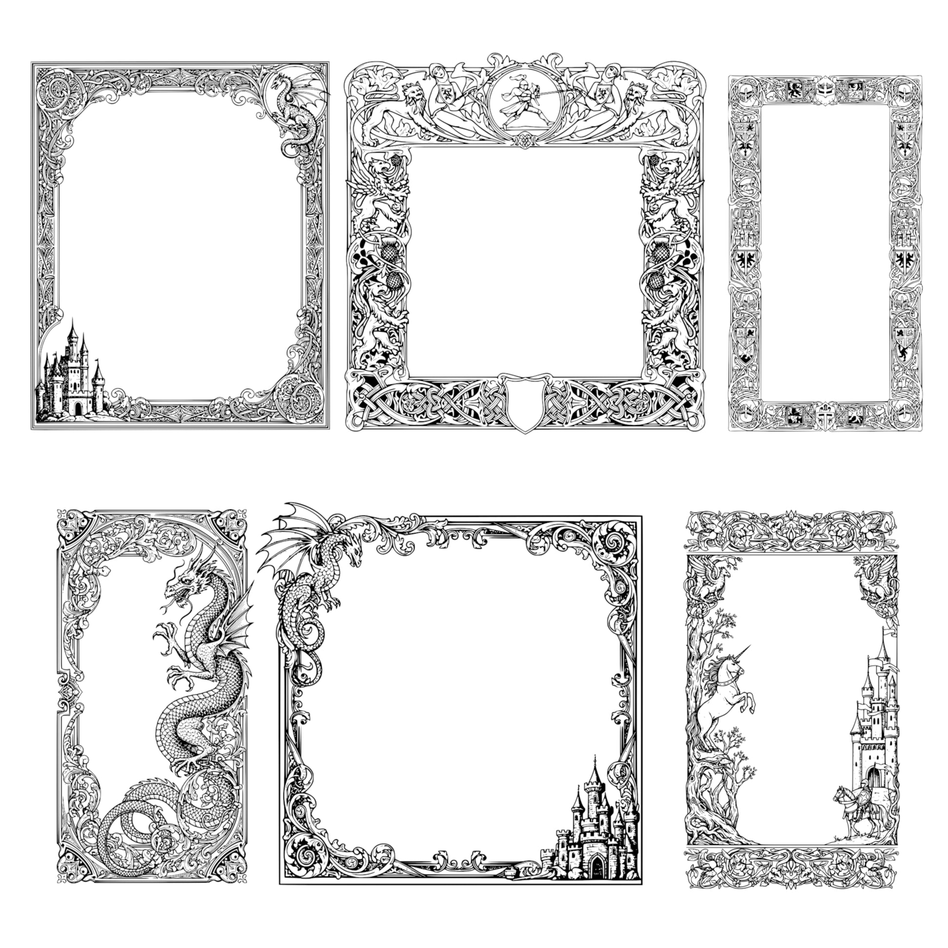 Medieval Fantasy Border Frames - Vintage Clipart, SVG, PNG (Digital Download). Dragons, castles, knights
