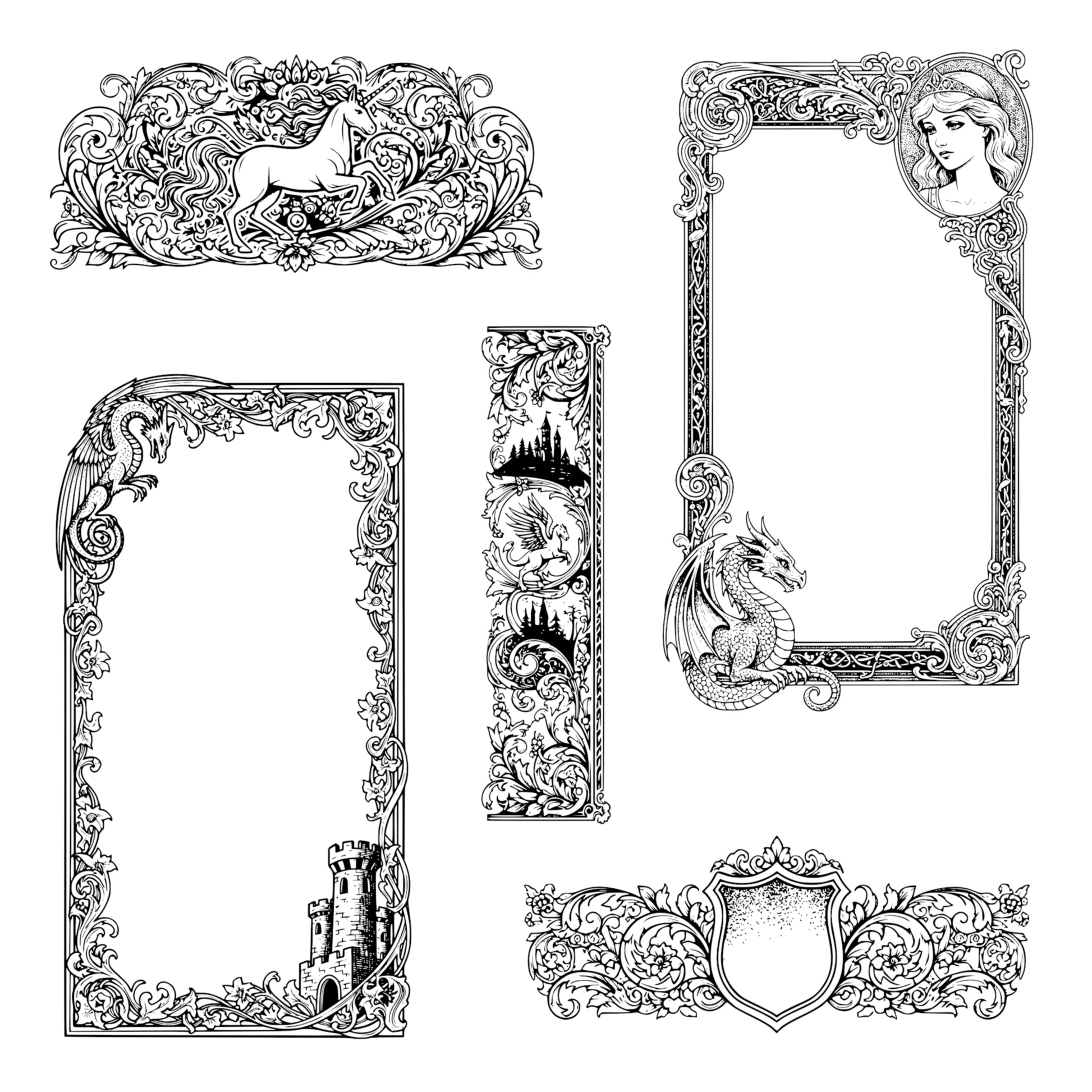 Medieval Fantasy Border Frames - Vintage Clipart, SVG, PNG (Digital Download). Dragons, castles, knights