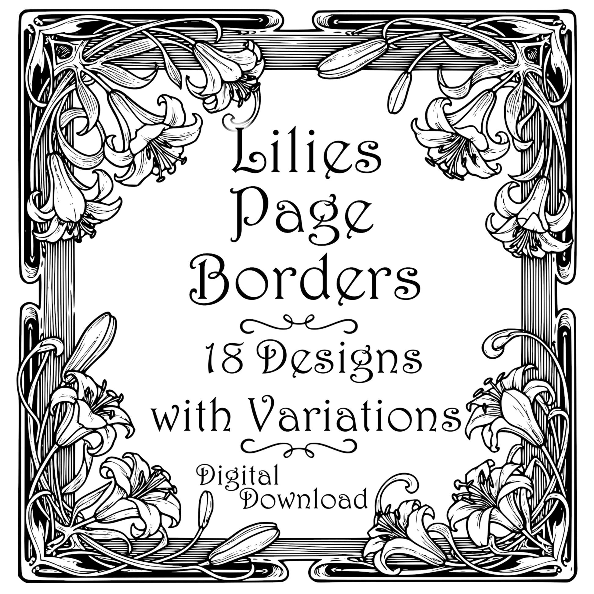 Lilies Border Frames - Vintage Flowers Clipart, SVG, PNG (Digital Download)